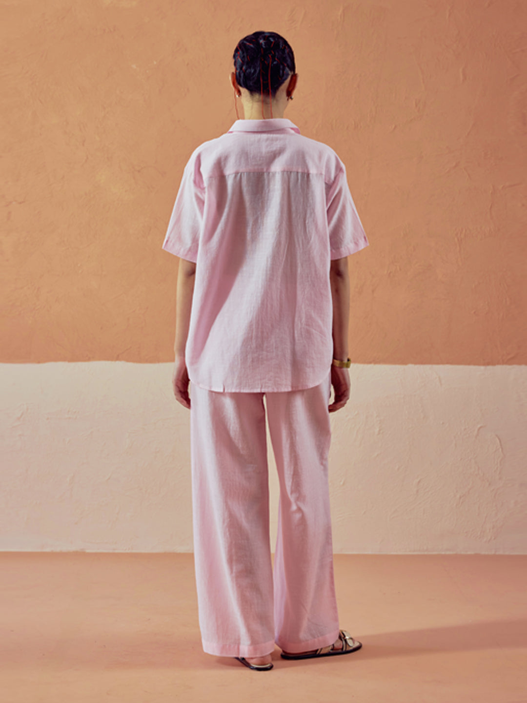 Light Pink Linen-Blend Loose Relaxed Fit Co-Ord Set