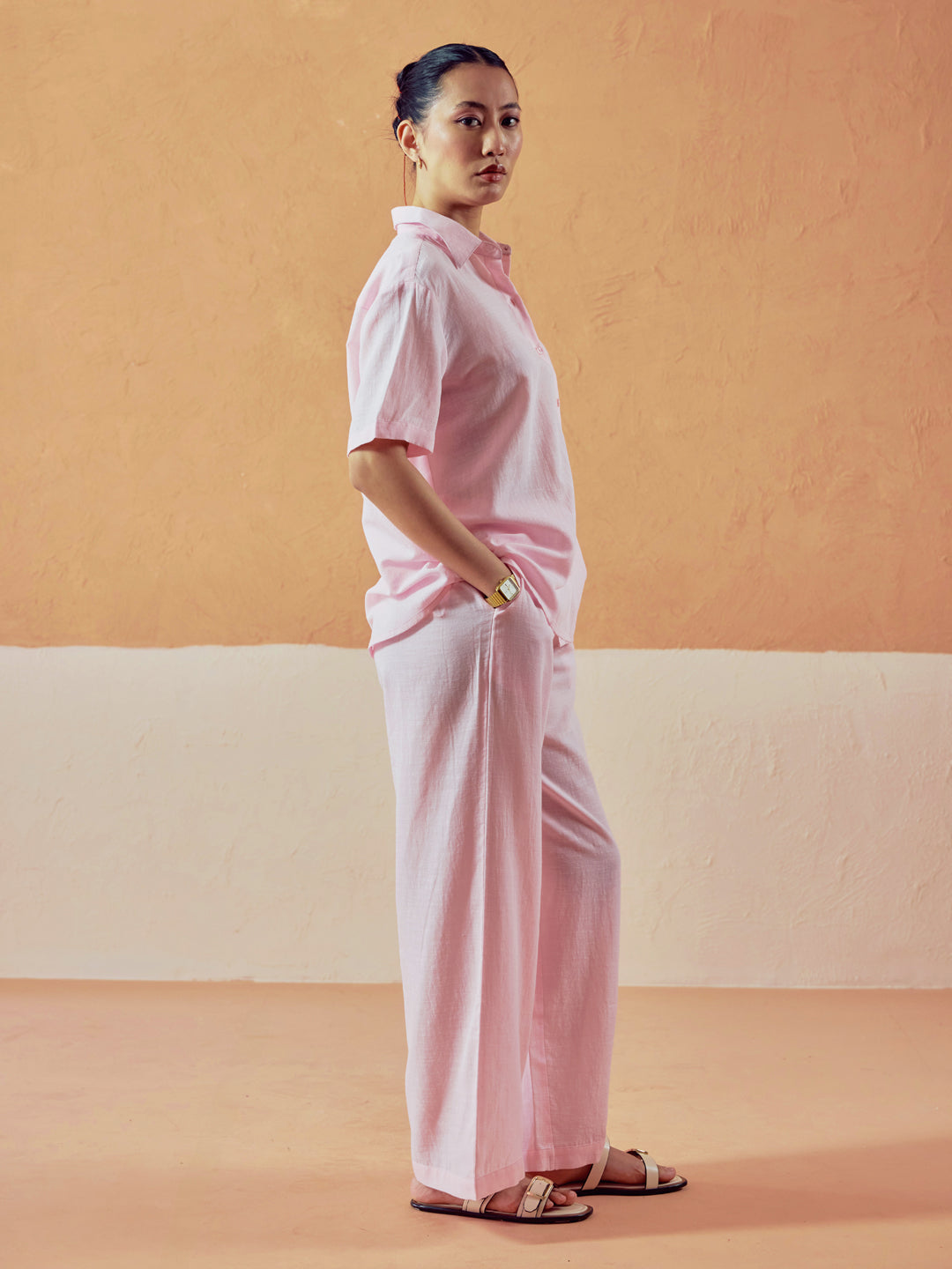 Light Pink Linen-Blend Loose Relaxed Fit Co-Ord Set