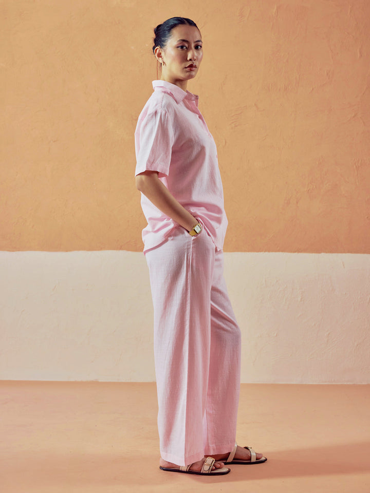 Light Pink Linen-Blend Loose Relaxed Fit Co-Ord Set