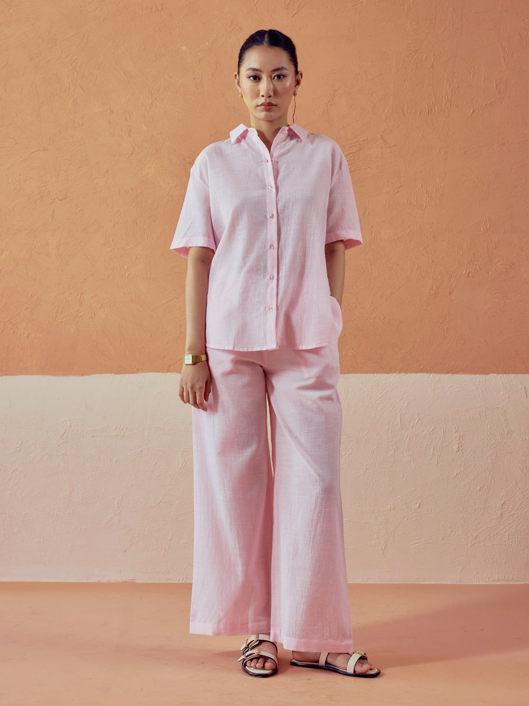 Light Pink Linen-Blend Loose Relaxed Fit Co-Ord Set