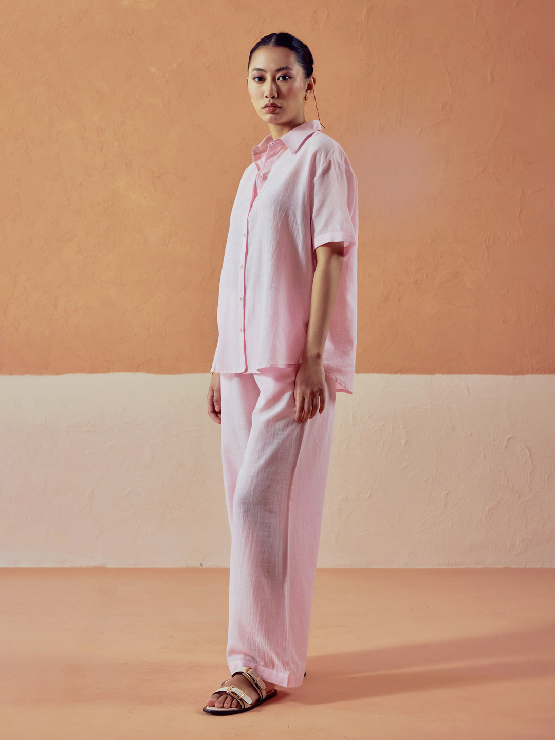 Light Pink Linen-Blend Loose Relaxed Fit Co-Ord Set