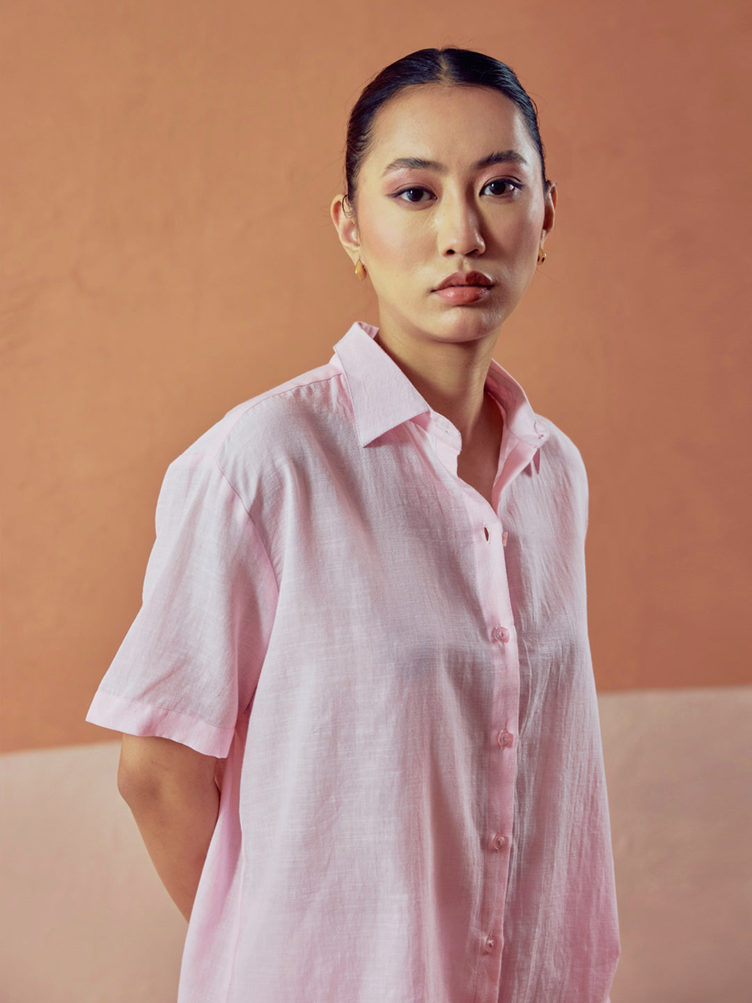 Light Pink Linen-Blend Loose Relaxed Fit Co-Ord Set