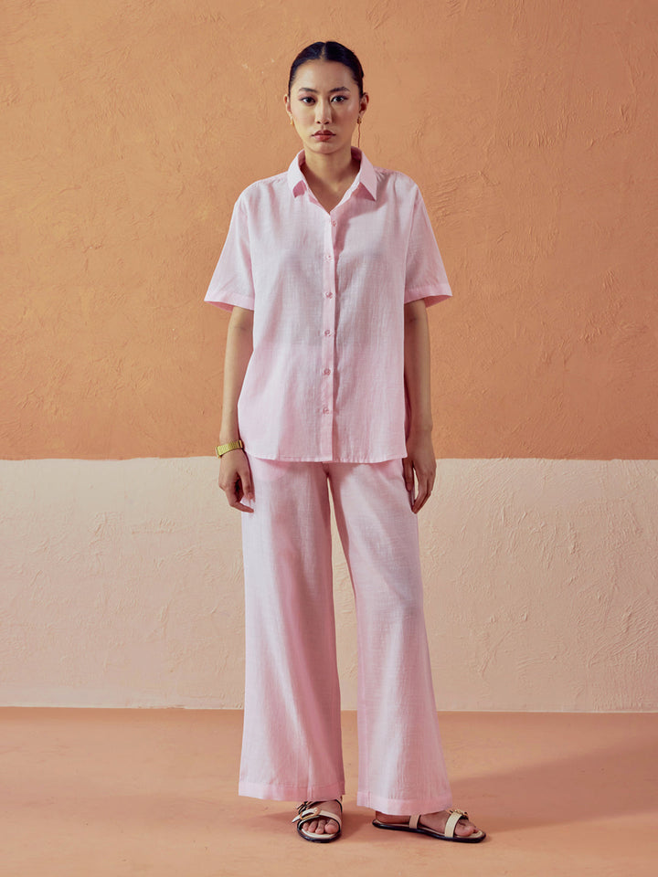 Light Pink Linen-Blend Loose Relaxed Fit Co-Ord Set
