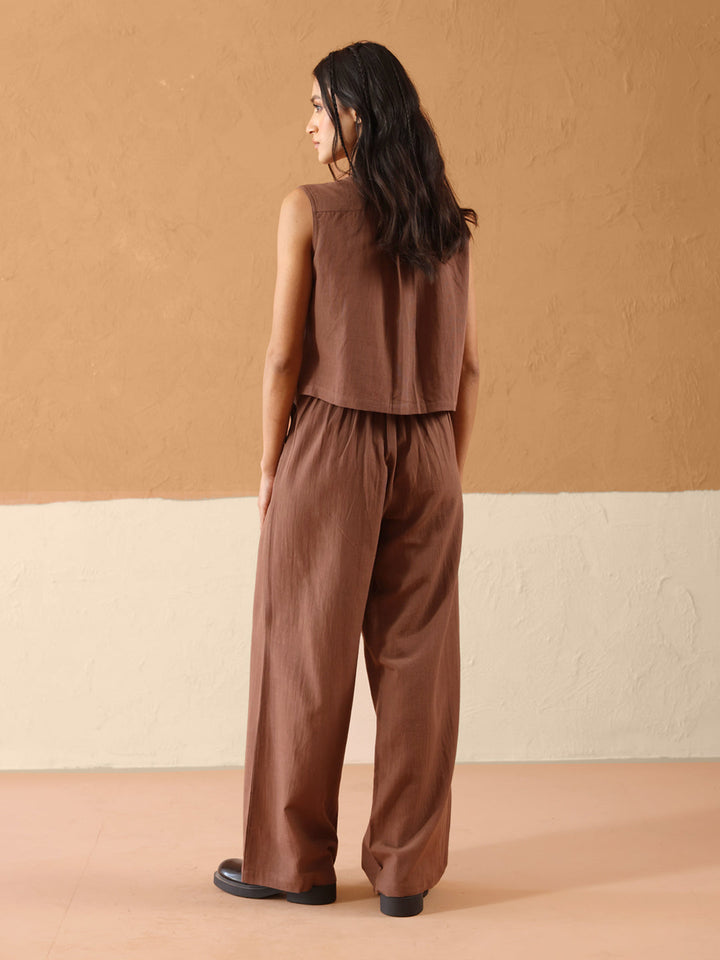 Brown Linen-Blend Loose Relaxed Fit Co-Ord Set