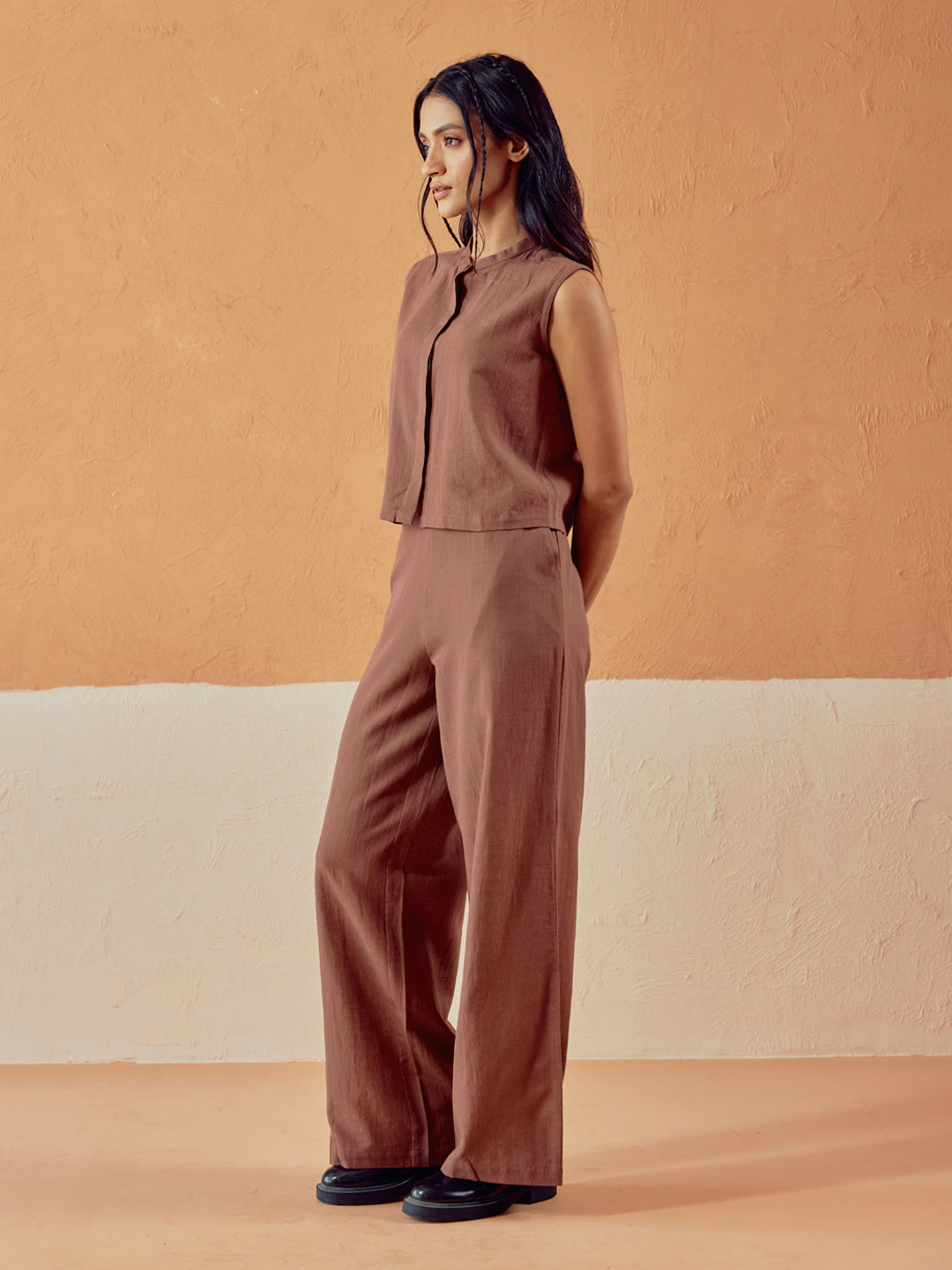 Brown Linen-Blend Loose Relaxed Fit Co-Ord Set