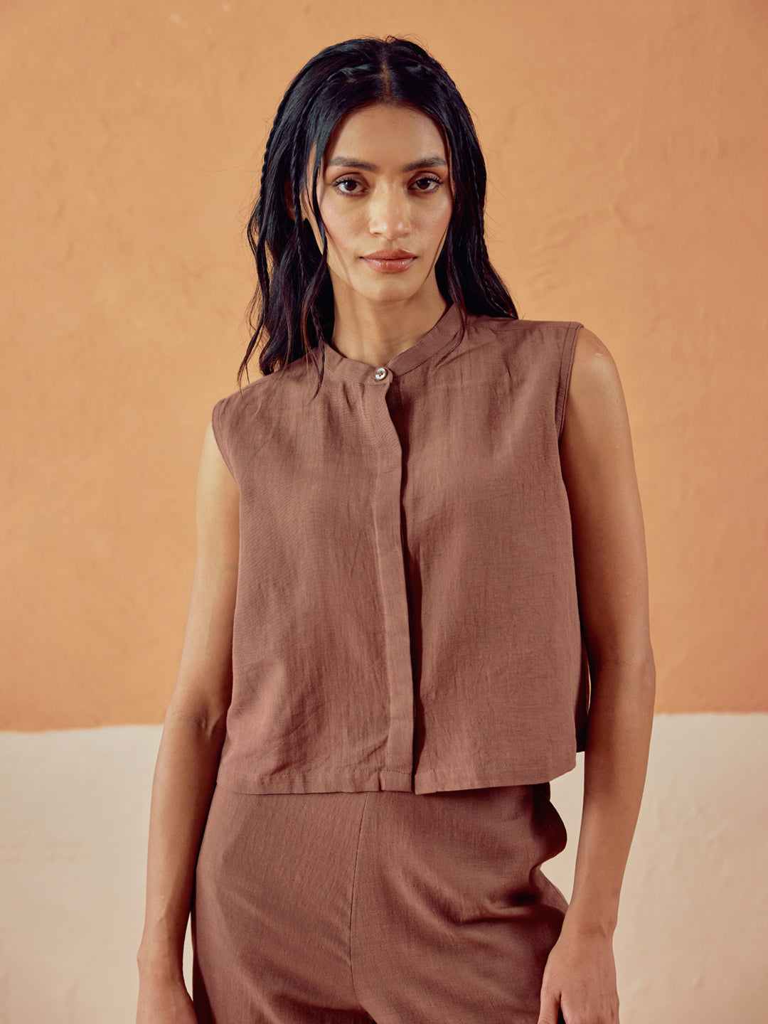 Brown Linen-Blend Loose Relaxed Fit Co-Ord Set