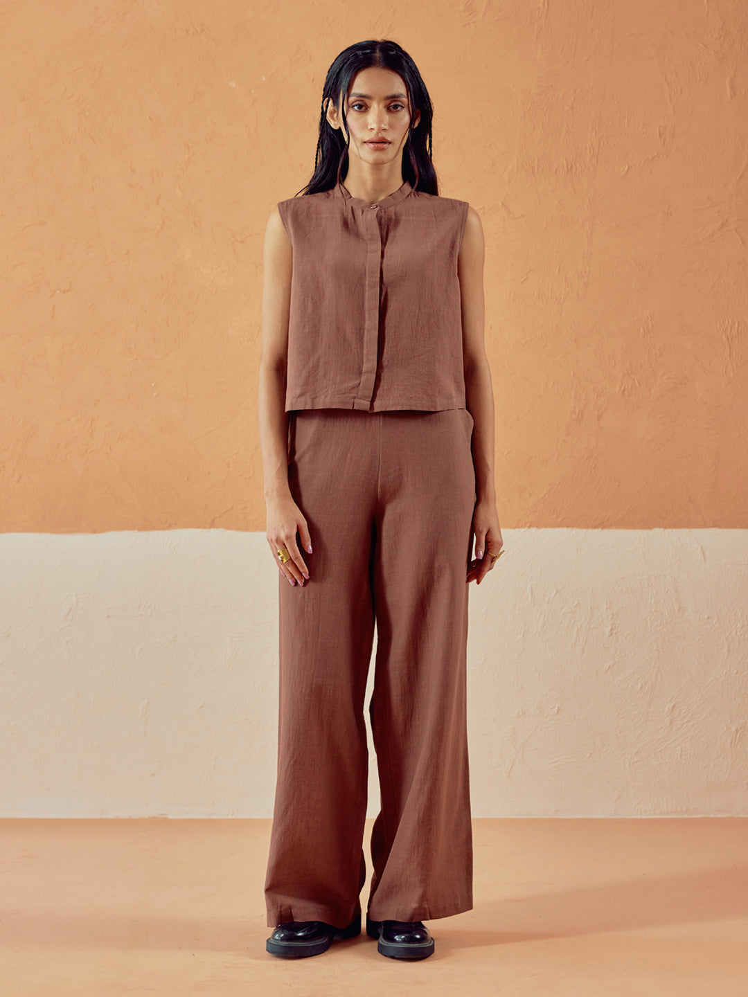Brown Linen-Blend Loose Relaxed Fit Co-Ord Set