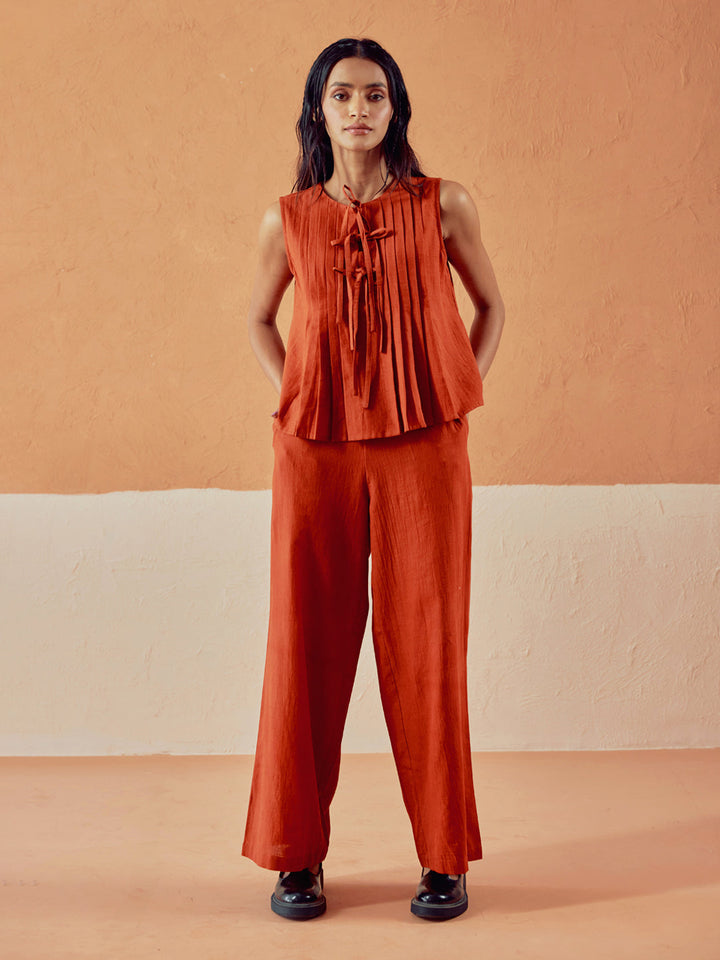 Rust Linen Blend Pleated Loose Relaxed Fit Co-Ord Set