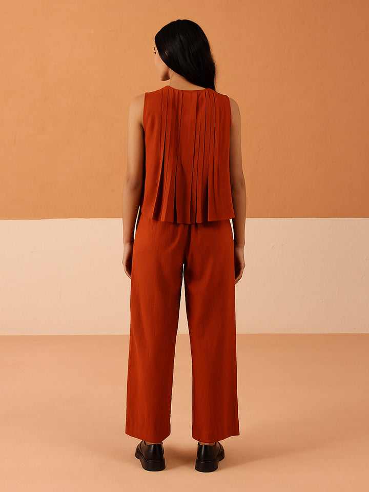 Rust Linen Blend Pleated Loose Relaxed Fit Co-Ord Set