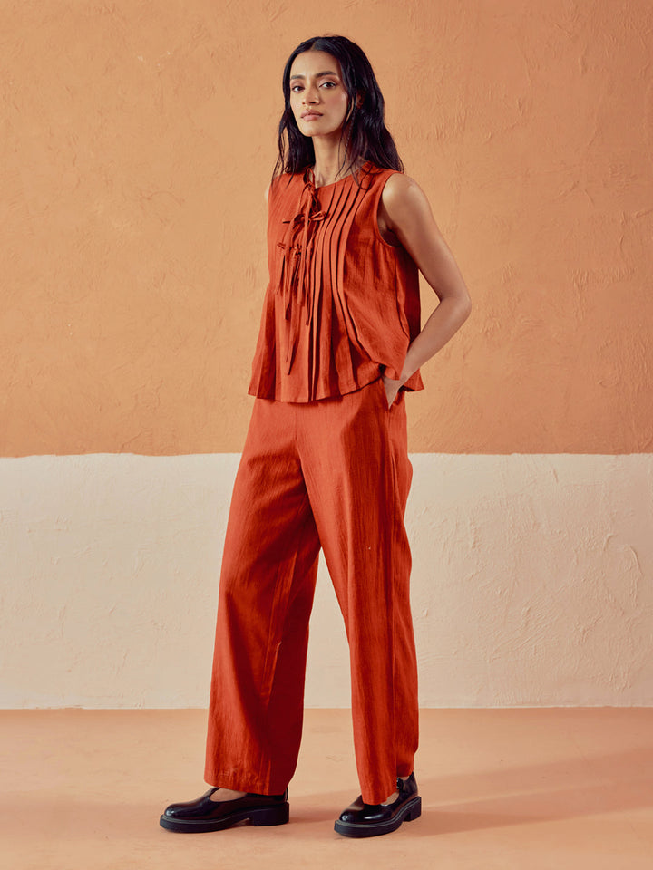 Rust Linen Blend Pleated Loose Relaxed Fit Co-Ord Set