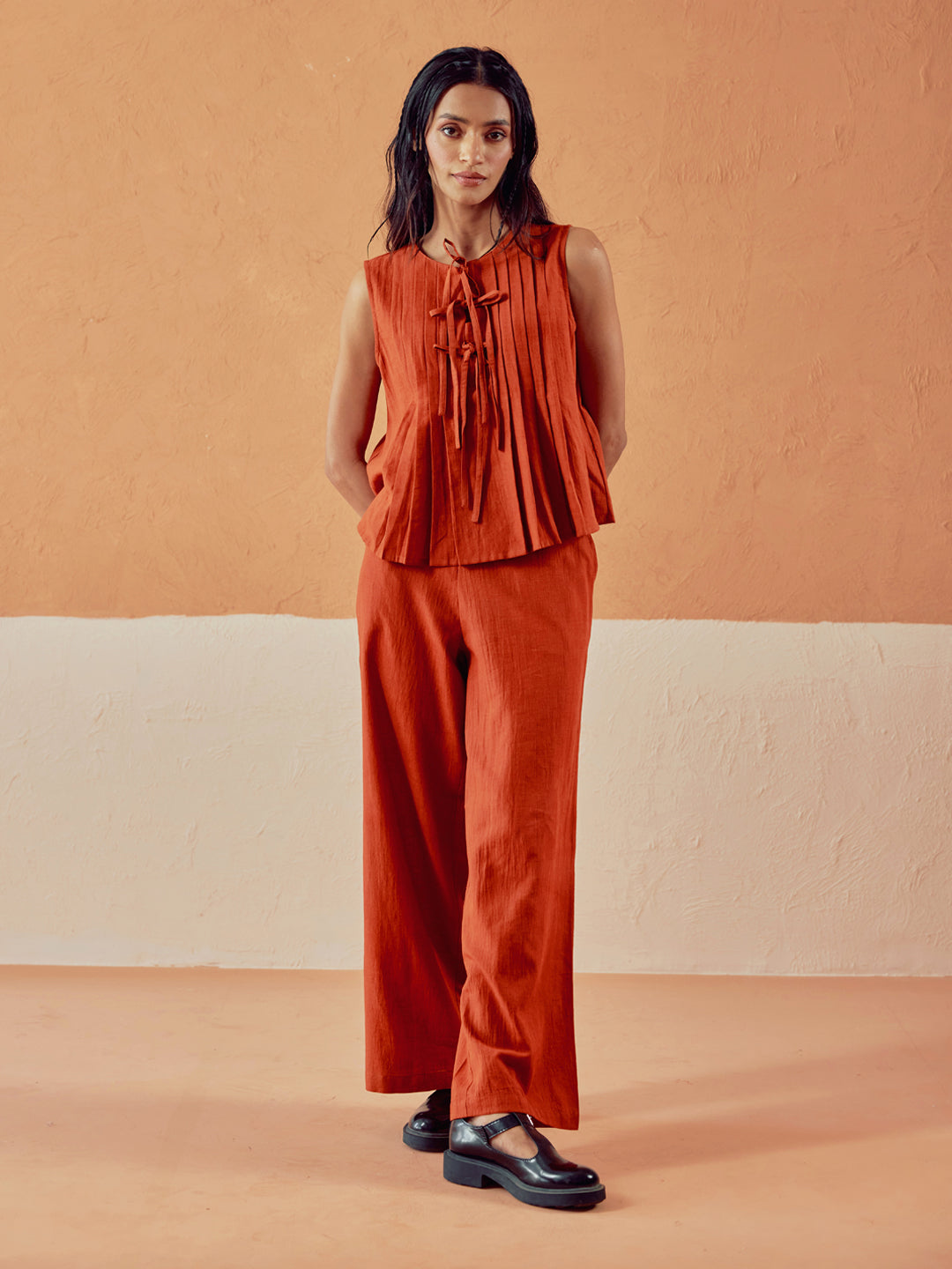 Rust Linen Blend Pleated Loose Relaxed Fit Co-Ord Set