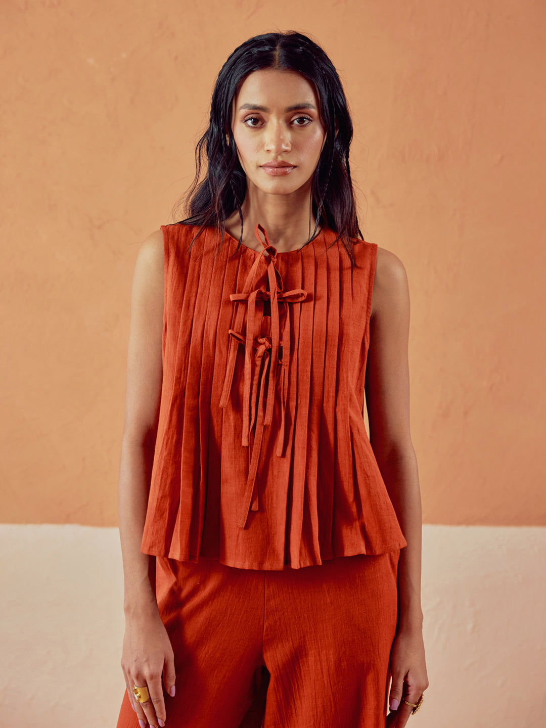 Rust Linen Blend Pleated Loose Relaxed Fit Co-Ord Set