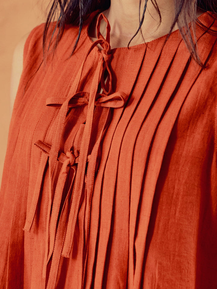 Rust Linen Blend Pleated Loose Relaxed Fit Co-Ord Set