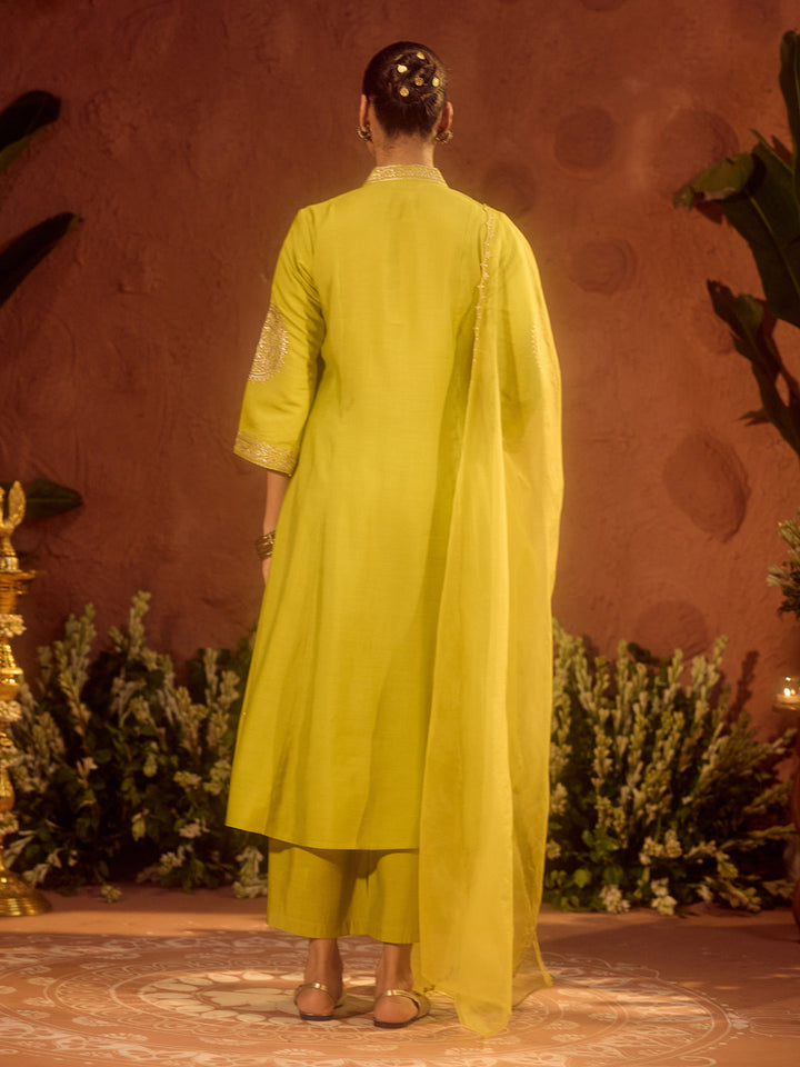 Lime-Green-Chanderi-Embroidered-A-Line-3-Piece-Kurta-Set
