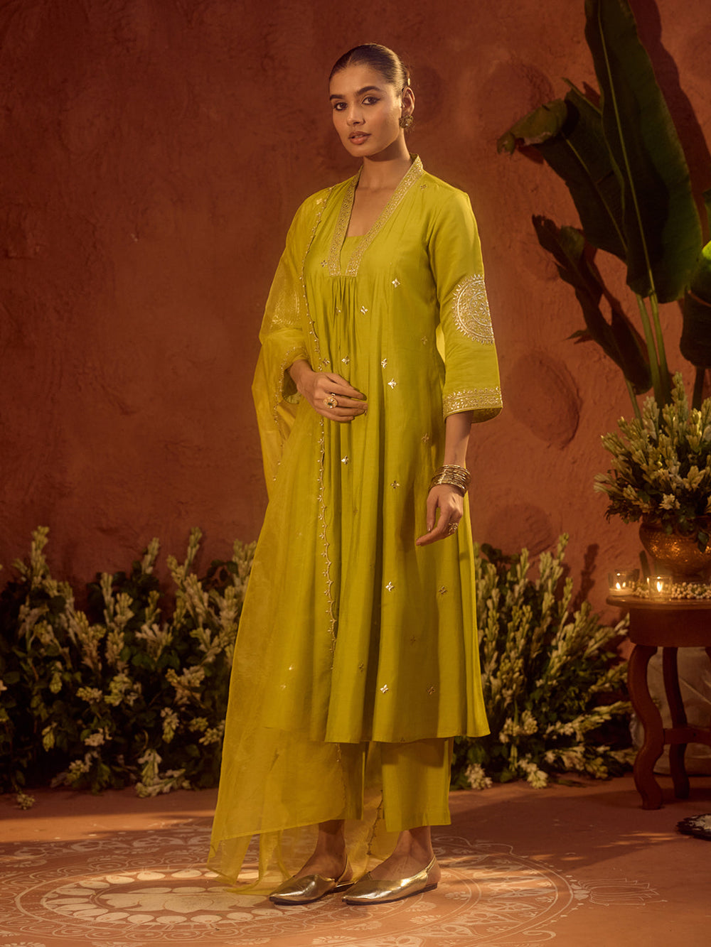 Lime-Green-Chanderi-Embroidered-A-Line-3-Piece-Kurta-Set