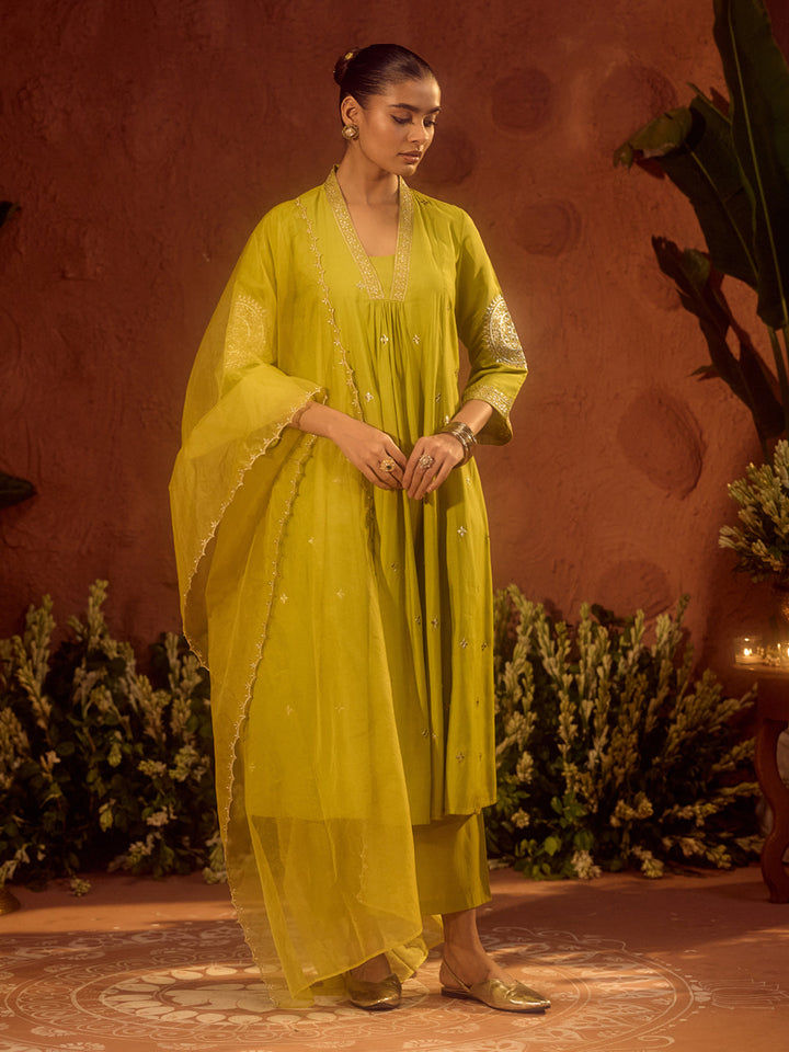 Lime-Green-Chanderi-Embroidered-A-Line-3-Piece-Kurta-Set