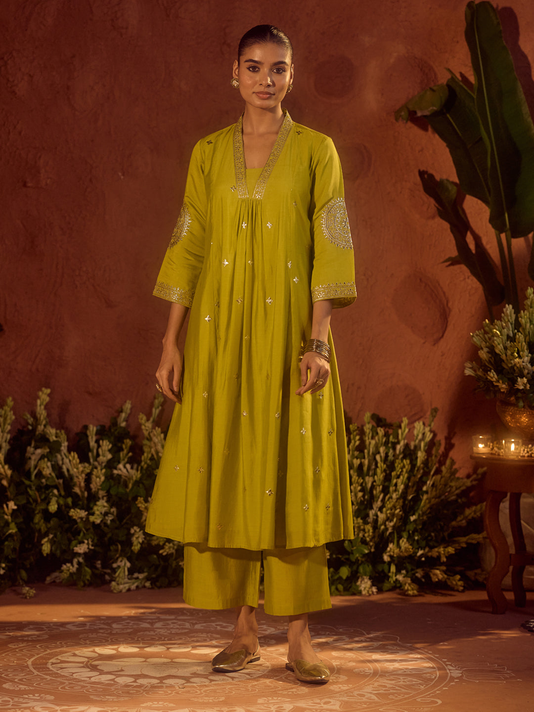 Lime-Green-Chanderi-Embroidered-A-Line-3-Piece-Kurta-Set