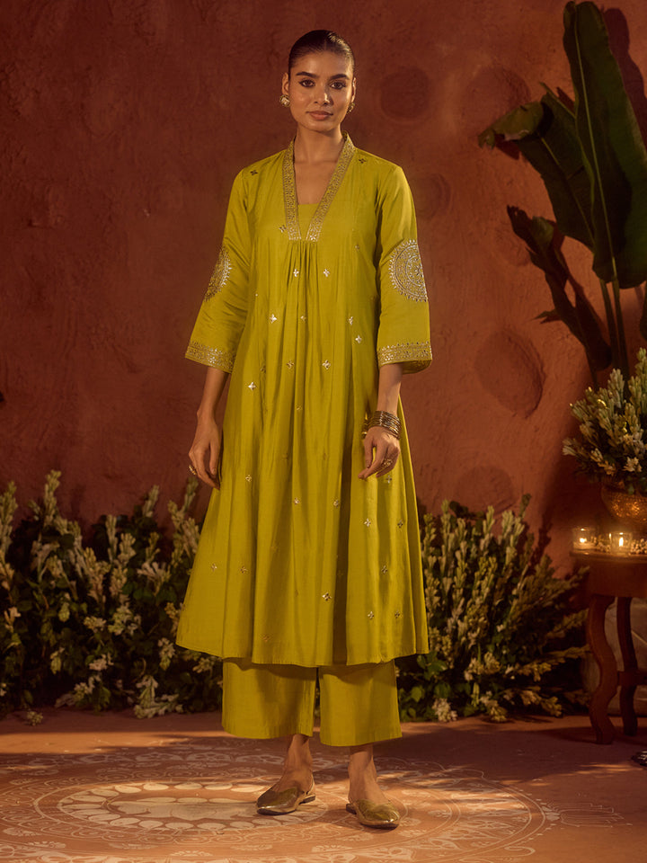 Lime-Green-Chanderi-Embroidered-A-Line-3-Piece-Kurta-Set