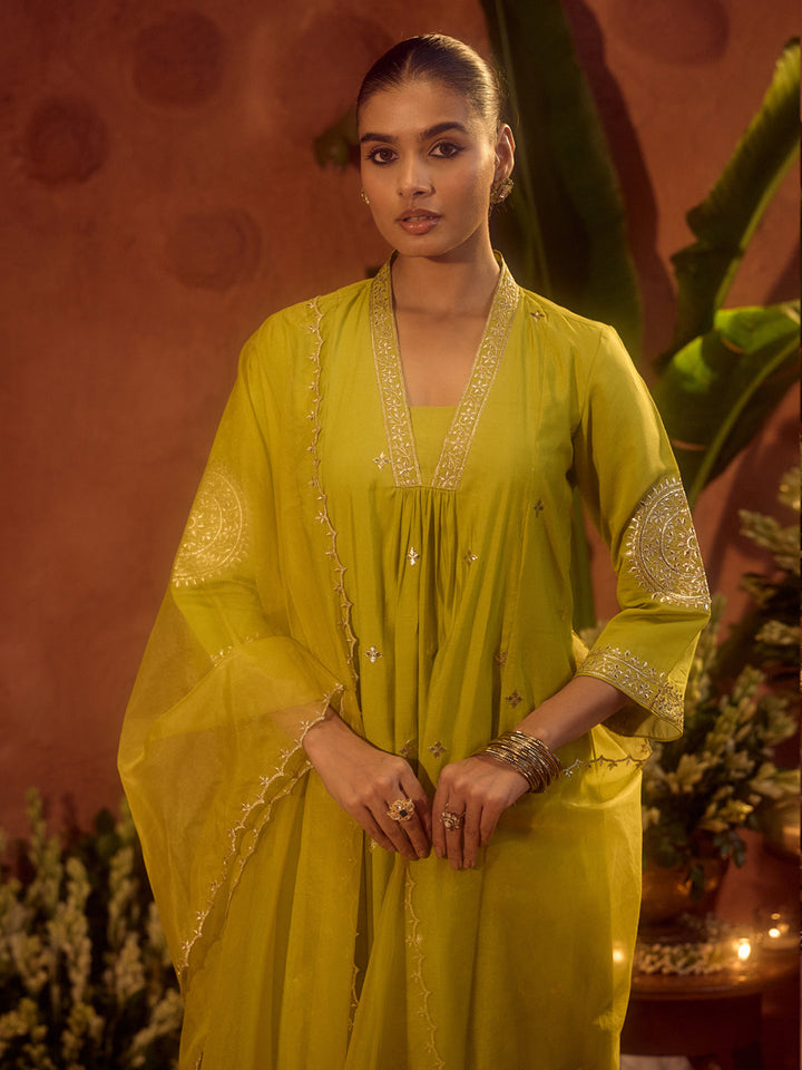 Lime-Green-Chanderi-Embroidered-A-Line-3-Piece-Kurta-Set