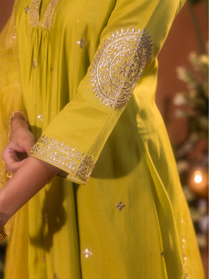 Lime-Green-Chanderi-Embroidered-A-Line-3-Piece-Kurta-Set