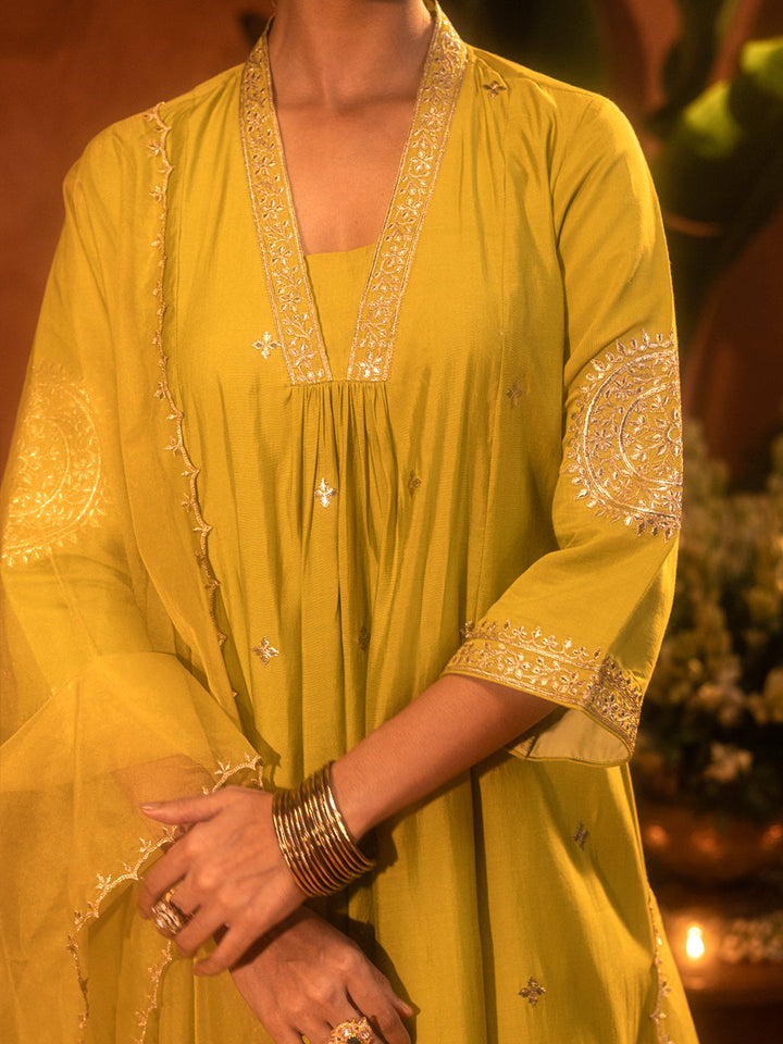 Lime-Green-Chanderi-Embroidered-A-Line-3-Piece-Kurta-Set