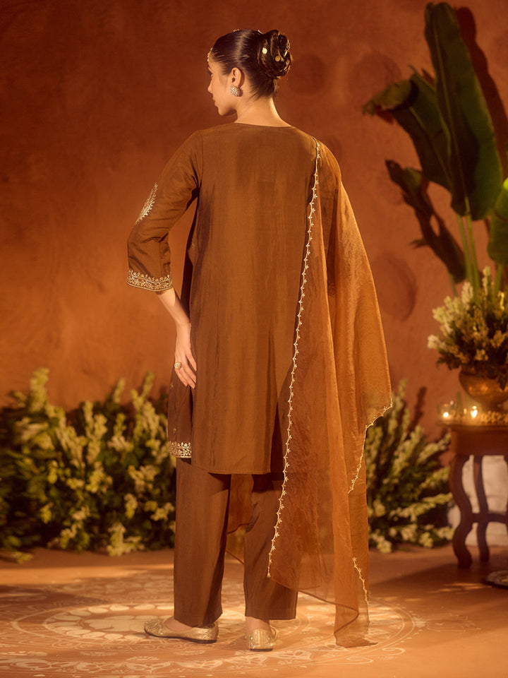 Brown-Chanderi-Gota-Patti-A-Line-3-Piece-Kurta-Set