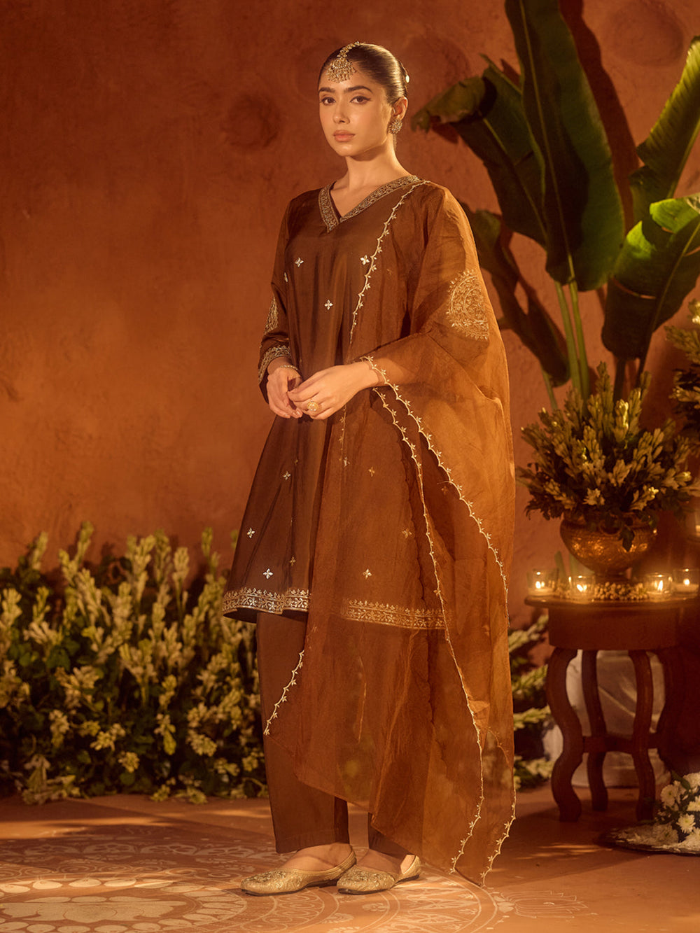 Brown-Chanderi-Gota-Patti-A-Line-3-Piece-Kurta-Set