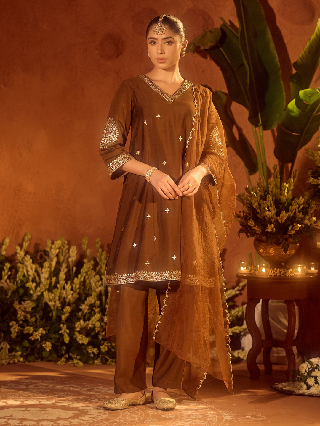 Brown-Chanderi-Gota-Patti-A-Line-3-Piece-Kurta-Set