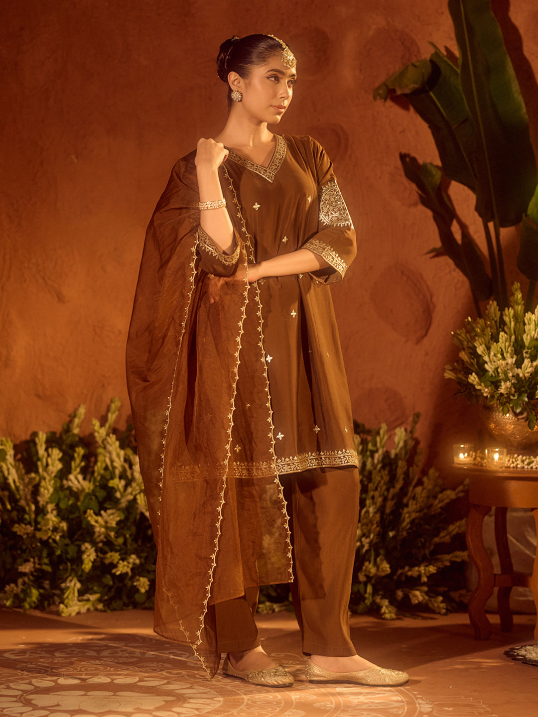 Brown-Chanderi-Gota-Patti-A-Line-3-Piece-Kurta-Set