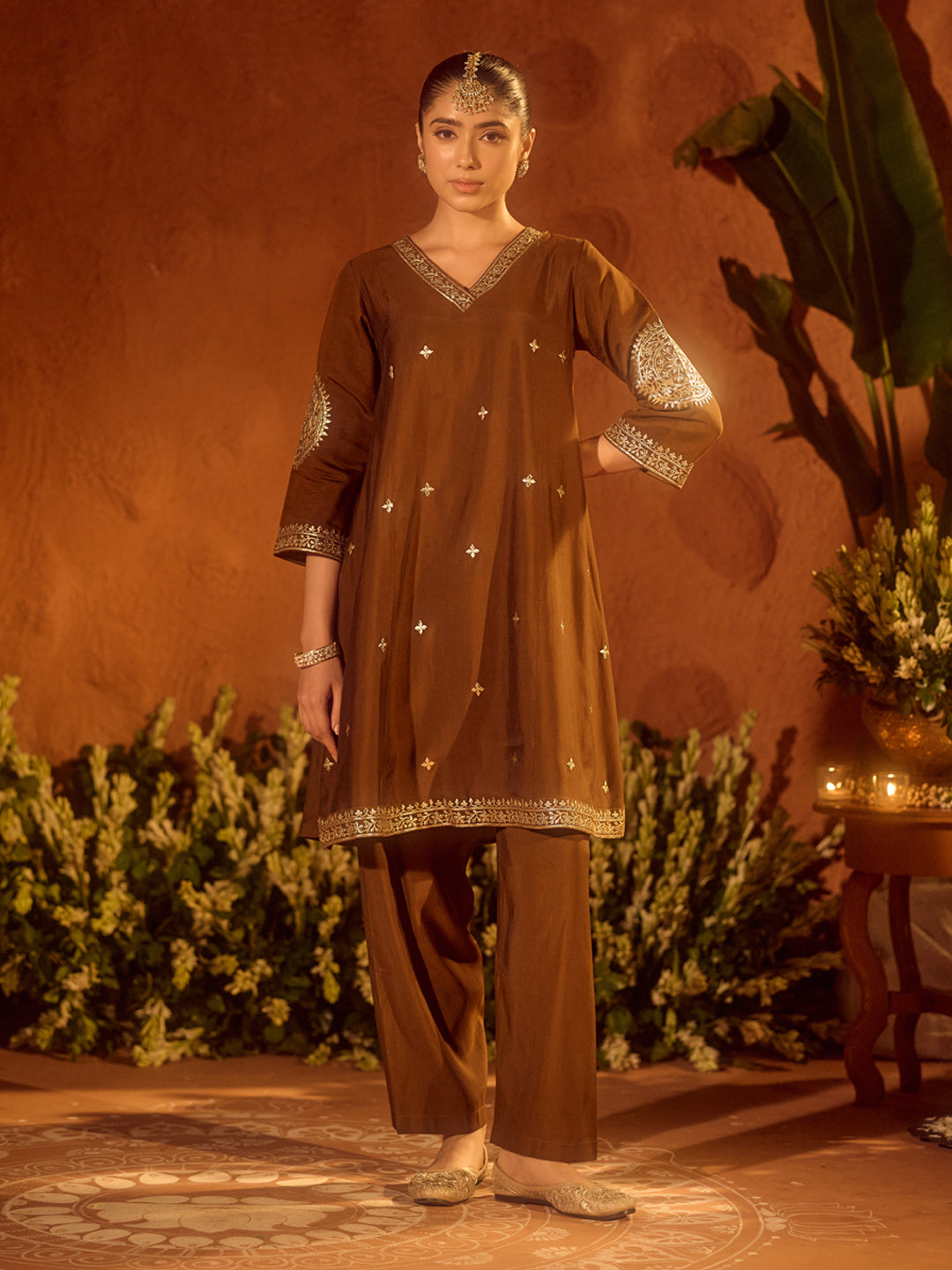 Brown-Chanderi-Gota-Patti-A-Line-3-Piece-Kurta-Set