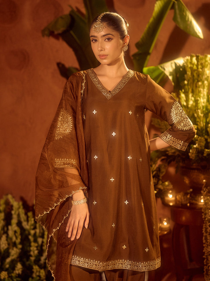 Brown-Chanderi-Gota-Patti-A-Line-3-Piece-Kurta-Set