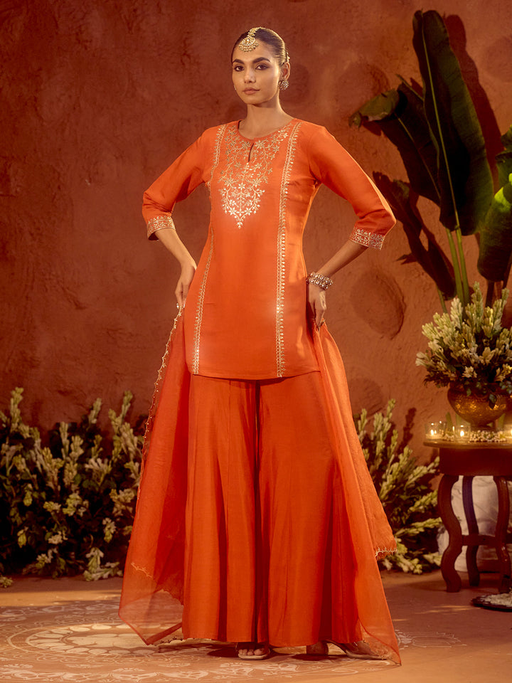 Orange-Chanderi-Embroidered-Straight-3-Piece-Kurta-Set