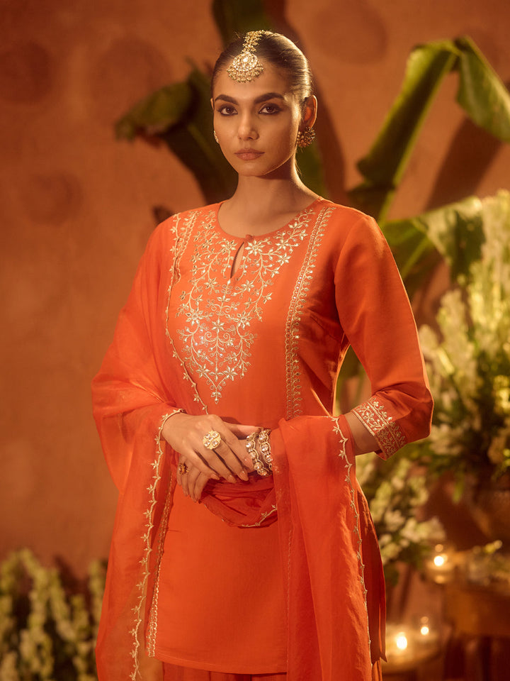 Orange-Chanderi-Embroidered-Straight-3-Piece-Kurta-Set