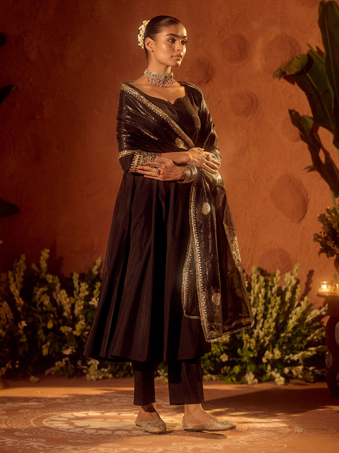 Black-Chanderi-Embroidered-Anarkali-3-Piece-Kurta-Set