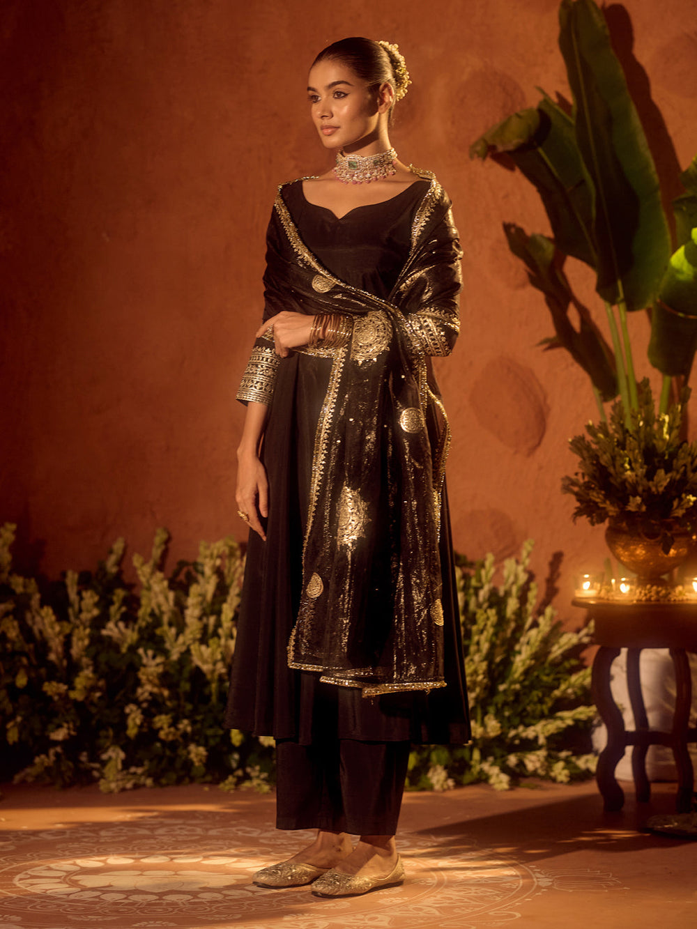 Black-Chanderi-Embroidered-Anarkali-3-Piece-Kurta-Set
