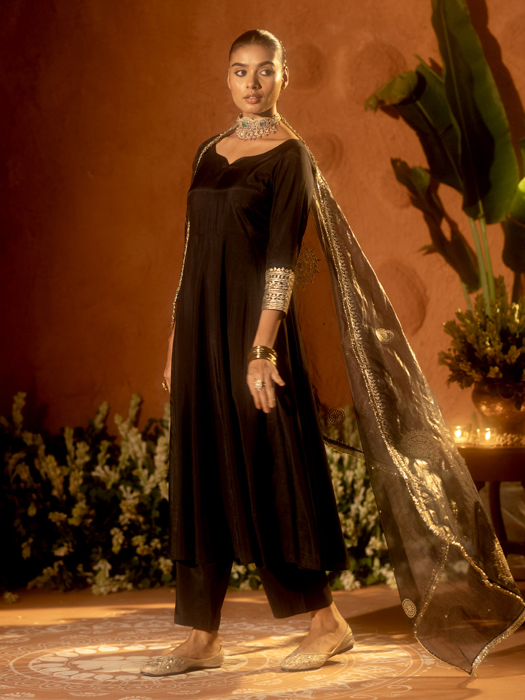 Black-Chanderi-Embroidered-Anarkali-3-Piece-Kurta-Set