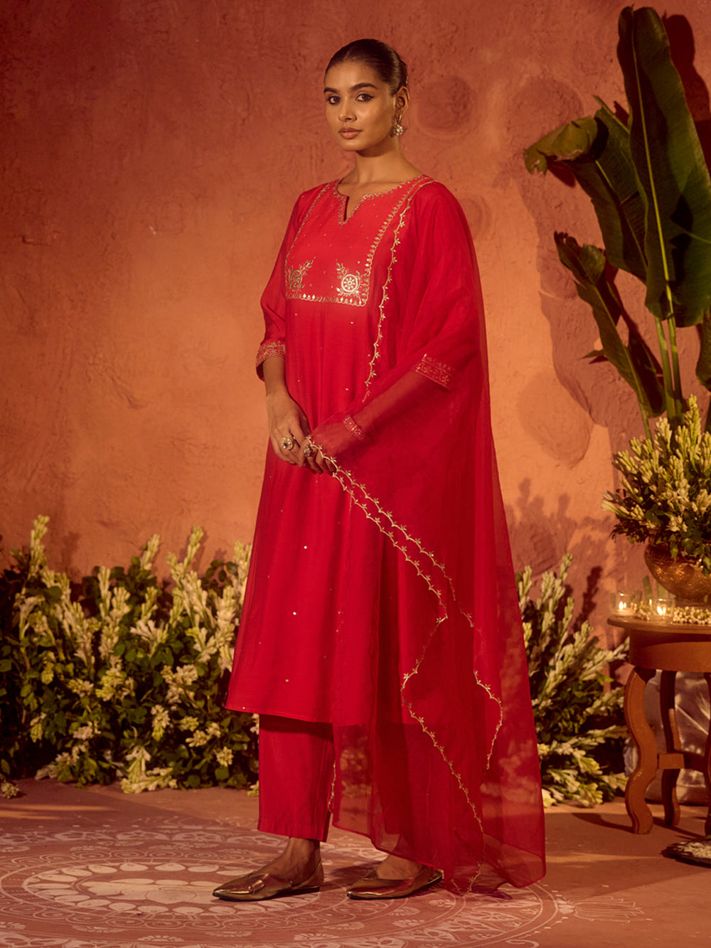 Red-Chanderi-Embroidered-A-Line-3-Piece-Kurta-Set