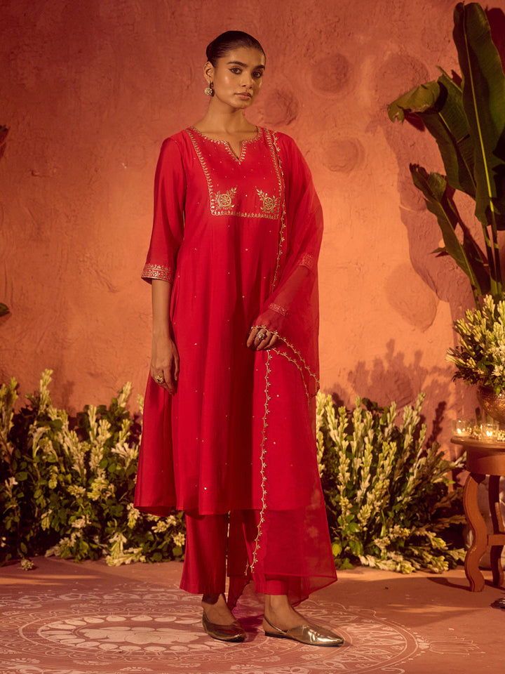 Red-Chanderi-Embroidered-A-Line-3-Piece-Kurta-Set