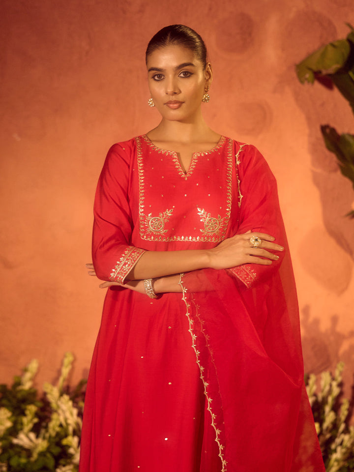 Red-Chanderi-Embroidered-A-Line-3-Piece-Kurta-Set