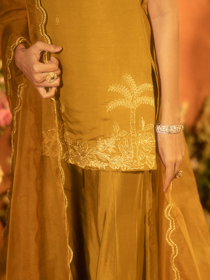 Mustard-Viscose-Chanderi-Embroidered-Ethnic-Straight-3-Piece-Kurta-Set