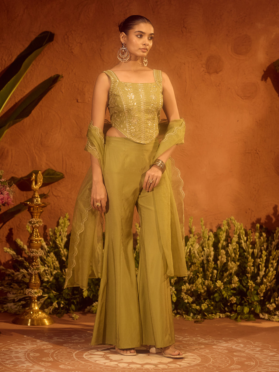 Olive-Green-Viscose-Chanderi-Embroidered-Ethnic-3-Piece-Kurta-Set