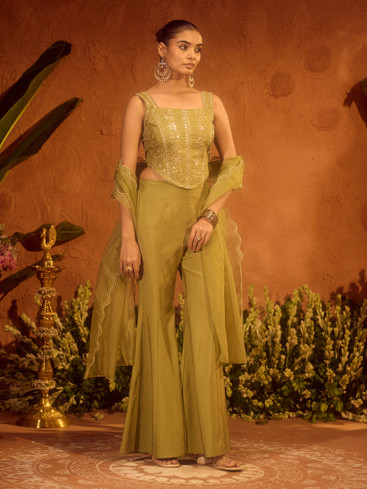 Olive-Green-Viscose-Chanderi-Embroidered-Ethnic-3-Piece-Kurta-Set