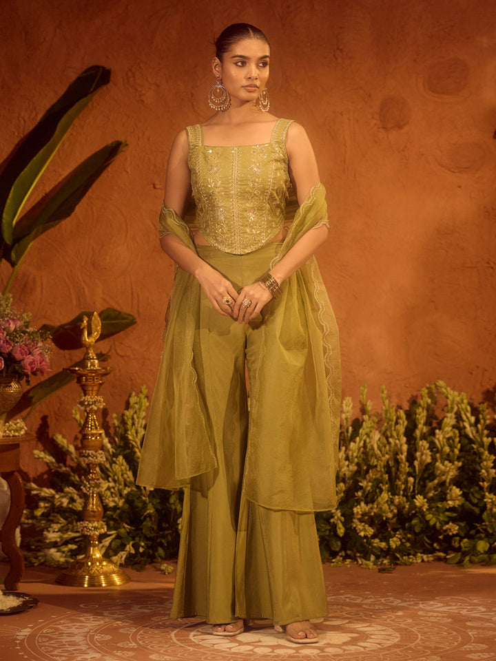 Olive-Green-Viscose-Chanderi-Embroidered-Ethnic-3-Piece-Kurta-Set