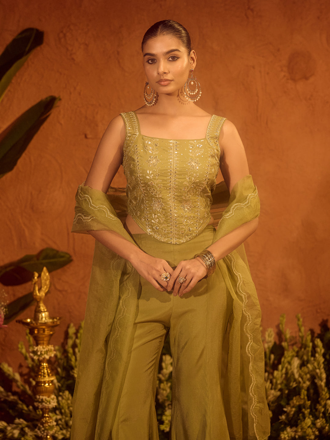 Olive-Green-Viscose-Chanderi-Embroidered-Ethnic-3-Piece-Kurta-Set