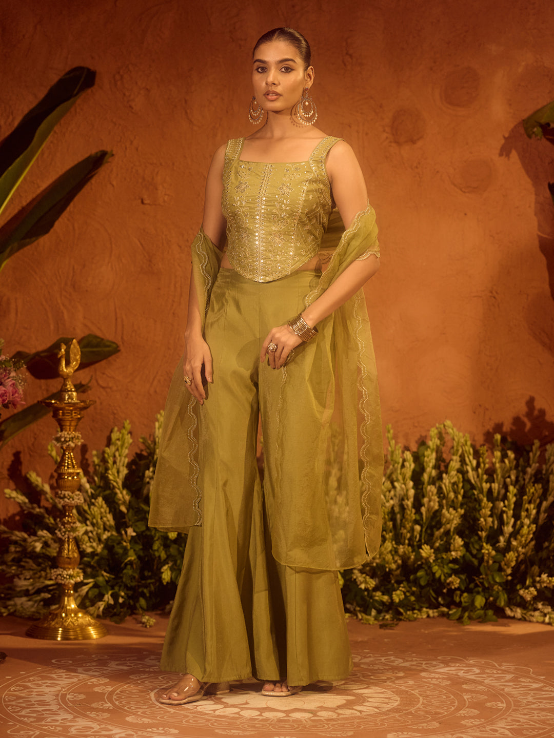 Olive-Green-Viscose-Chanderi-Embroidered-Ethnic-3-Piece-Kurta-Set