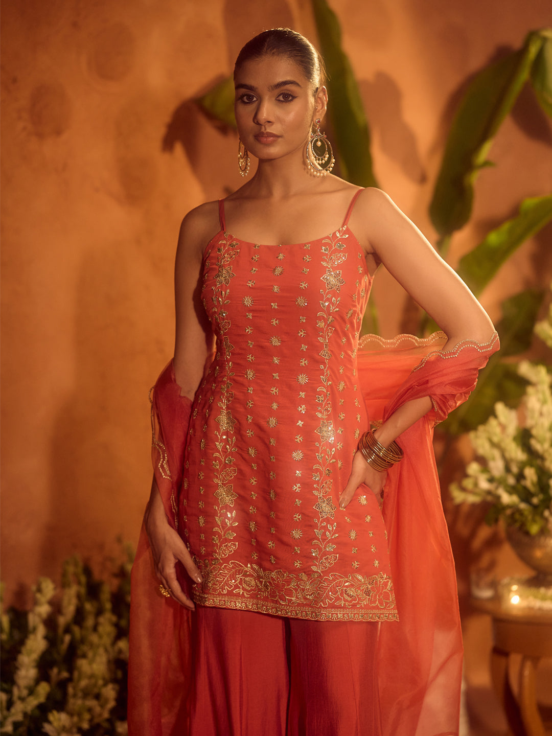 Orange-Viscose-Chanderi-Embroidered-Ethnic-Straight-3-Piece-Kurta-Set