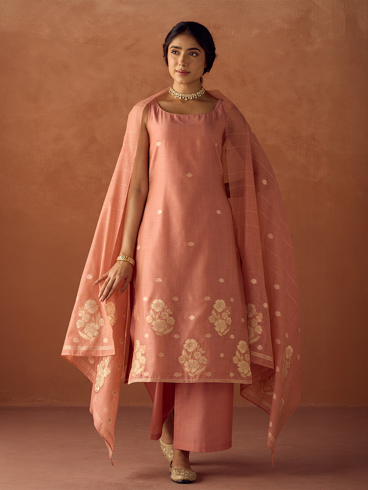 Peach Cotton Blend Jacquard Woven Kurta Set with Dupatta