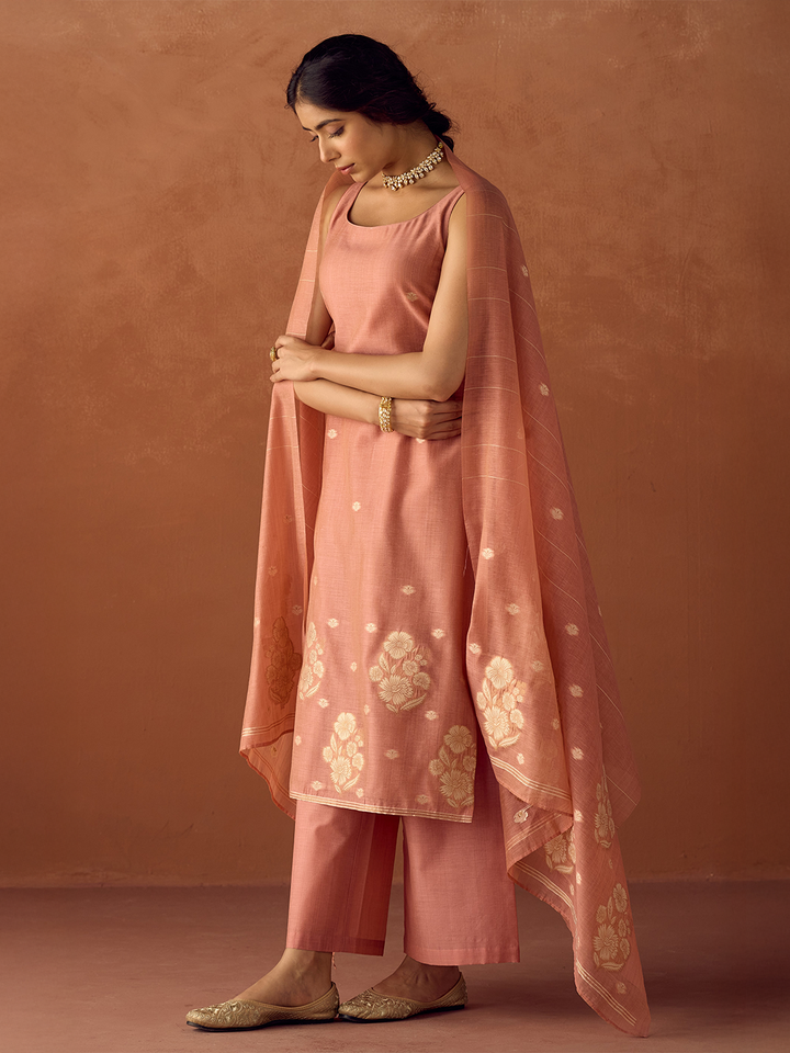 Peach Cotton Blend Jacquard Woven Kurta Set with Dupatta