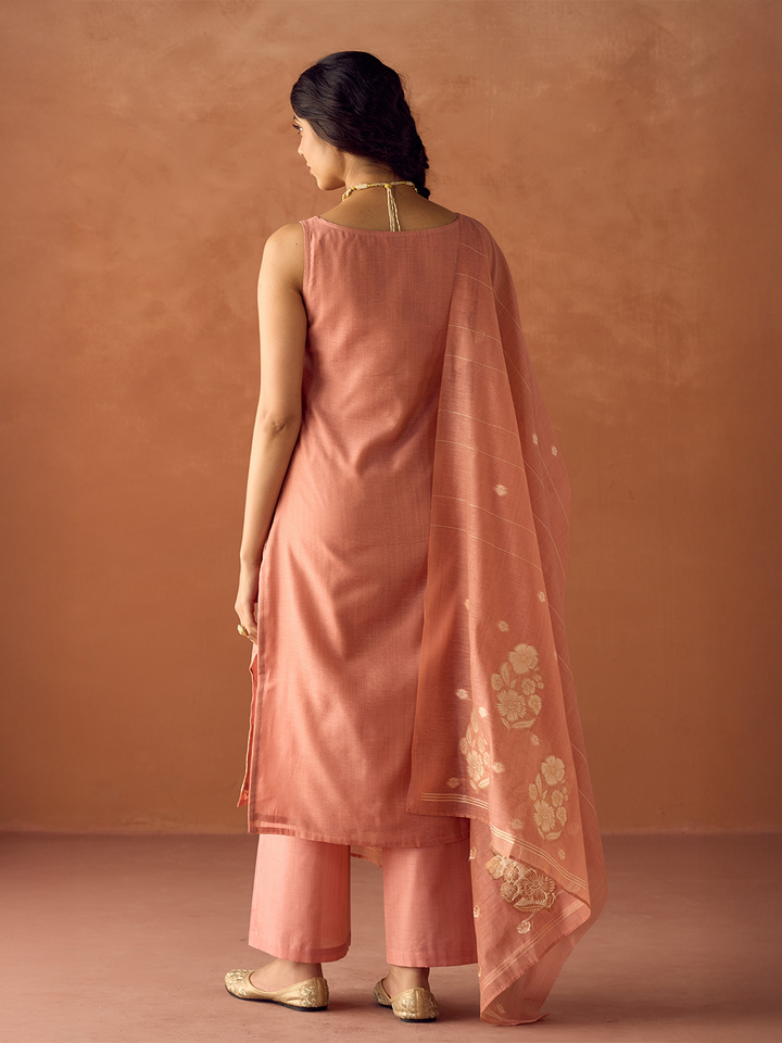 Peach Cotton Blend Jacquard Woven Kurta Set with Dupatta