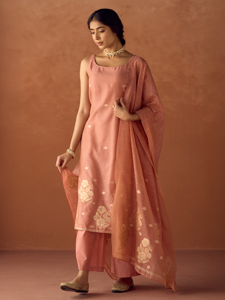Peach Cotton Blend Jacquard Woven Kurta Set with Dupatta